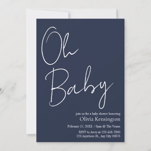 Simple Modern Oh Baby Navy Blue Baby Shower Invitation