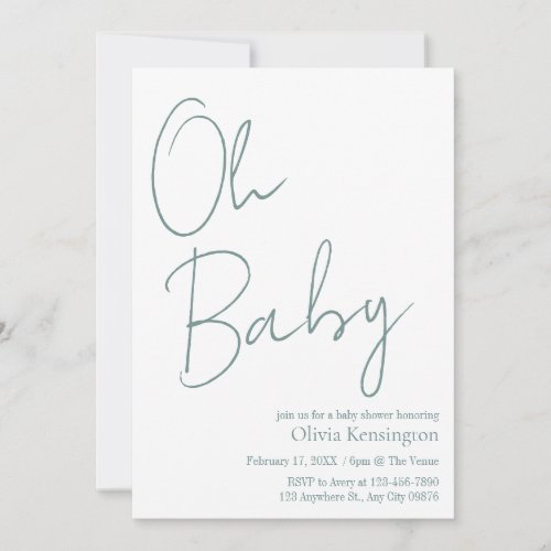 Simple Modern Oh Baby Sage Green Baby Shower Invitation