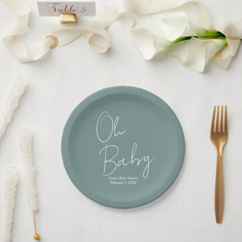 Simple Modern Oh Baby Sage Green Baby Shower Paper Plates