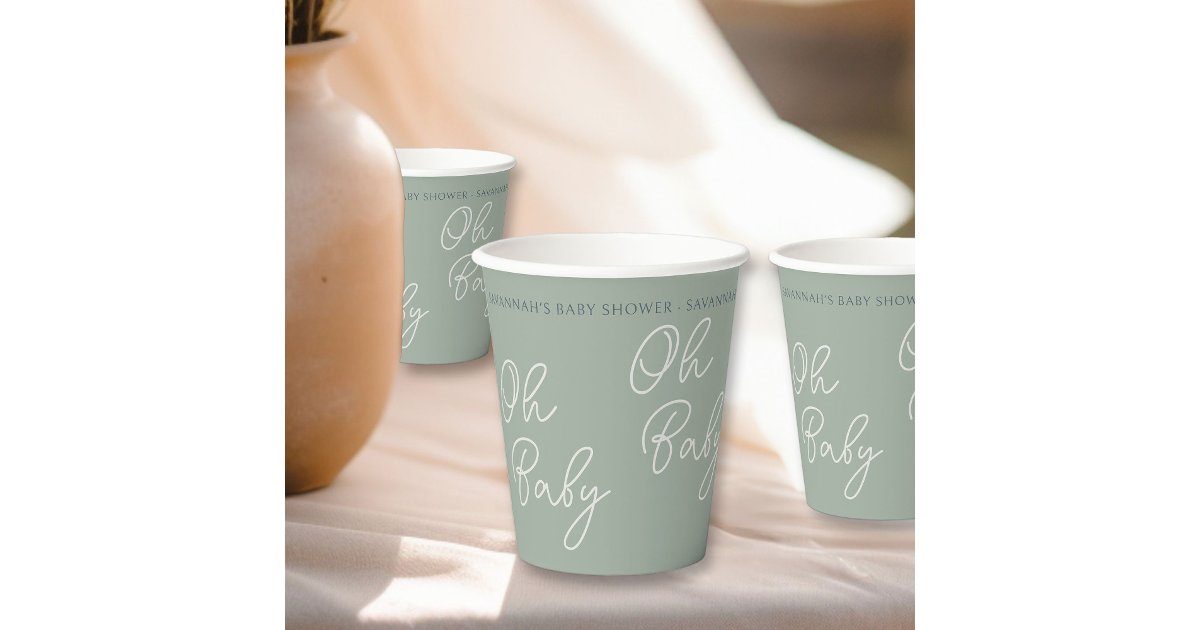 Simple Modern Oh Baby Script Sage Green Shower Paper Cups | Zazzle