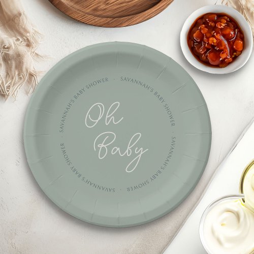 Simple Modern Oh Baby Script Sage Green Shower Paper Plates