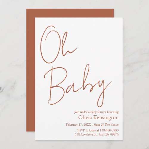 Simple Modern Oh Baby Terracotta Baby Shower Invitation