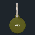 Simple Modern olive green custom name info dog cat Pet ID Tag<br><div class="desc">Customize personalize double sided,  olive moss green and white dog cat Name info Pet ID tag 
you can customize the front side: with the initial letter
and the back: with name,  phone,  address,  Pet Insurance ID number,  or any important information.
Simple,  Modern,  minimalist & stylish design.</div>
