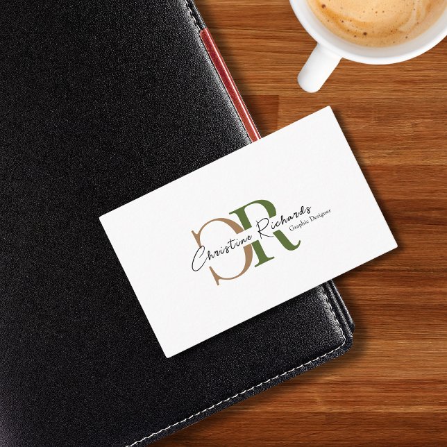 Simple Modern Olive Green Gold Monogram Business Card (Creator Uploaded)