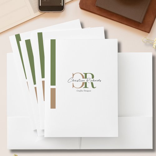 Simple Modern Olive Green Gold Monogram Pocket Folder