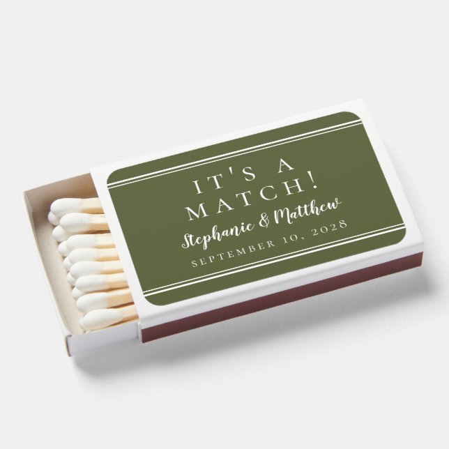 Simple Modern Olive Green Wedding Favor Matchboxes (Front Open)