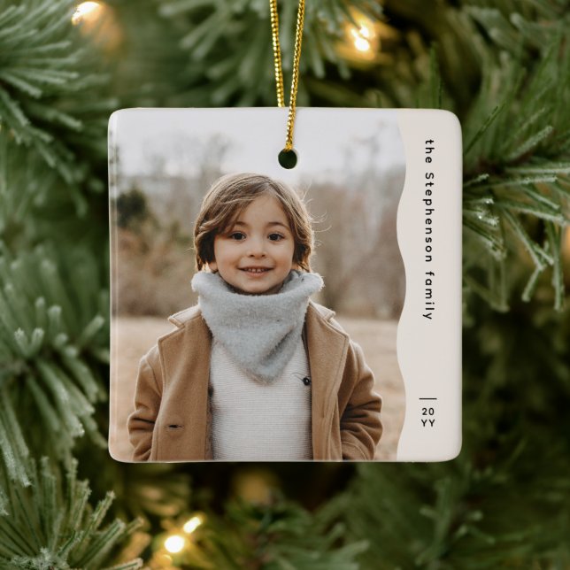 Simple modern one photo wavy edge neutral holiday ceramic ornament (Tree)