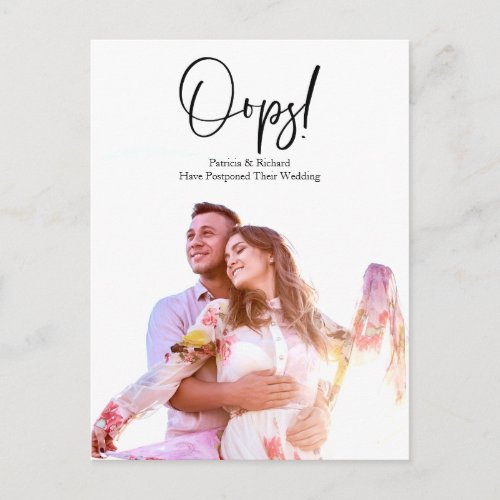 Simple Modern Oops Wedding Postponed Announcement Postcard