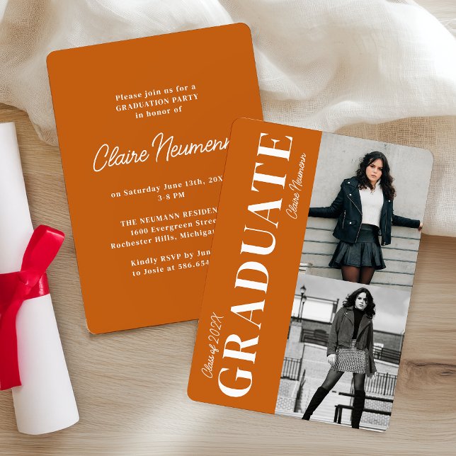 Simple Modern Orange Photo Graduation Party Invitation (Creator Uploaded)