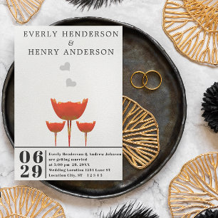 Simple Modern Orange Poppies & Hearts Wedding Invitation
