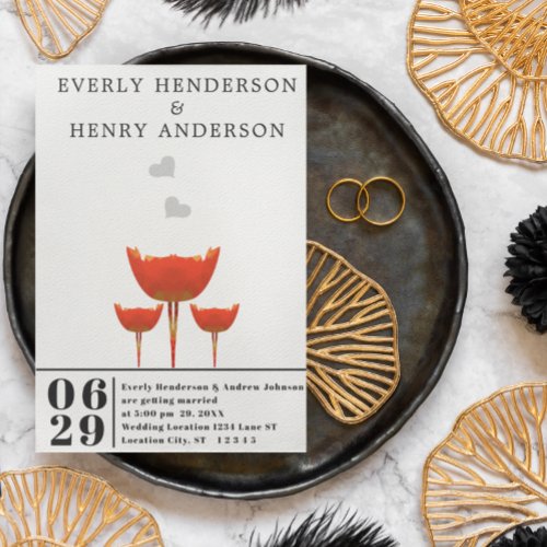 Simple Modern Orange Poppies  Hearts Wedding  Invitation