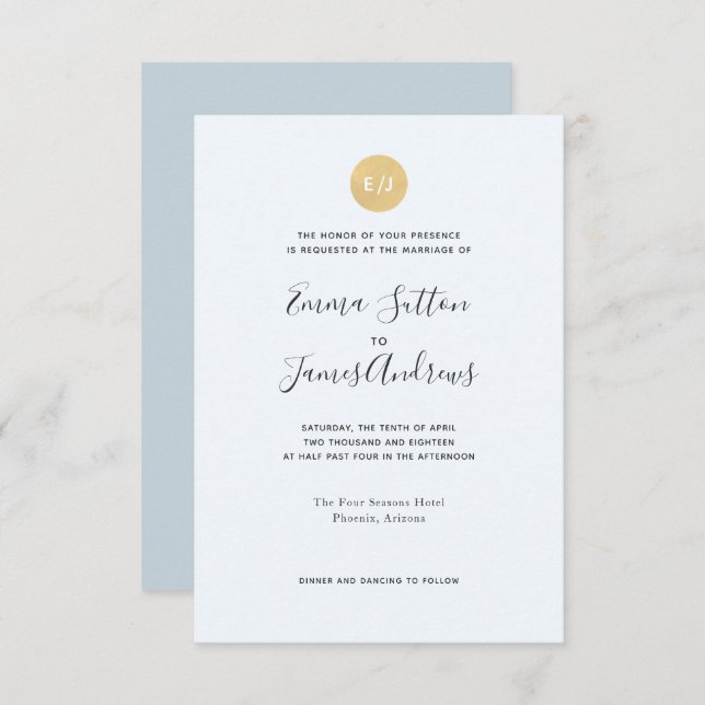 Simple Modern Pale Blue Gold Wedding Invitation (Front/Back)
