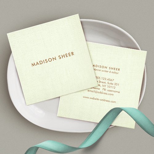 Simple Modern Pastel Lime Green Linen Minimalist Square Business Card