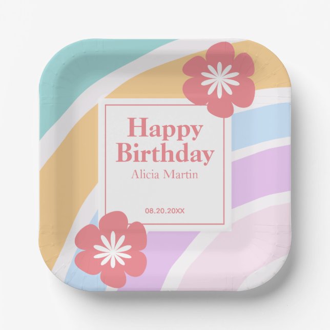 Simple Modern Pastel Rainbow Flower Birthday Paper Plates (Front)