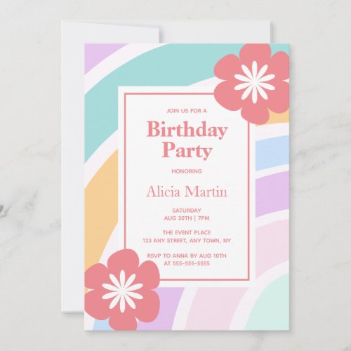 Simple Modern Pastel Rainbow Flower Birthday Party Invitation