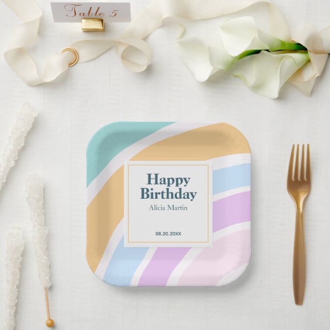 Simple Modern Pastel Rainbow Happy Birthday Paper Plates (Wedding)