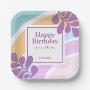Simple Modern Pastel Rainbow Leaf Birthday Paper Plates