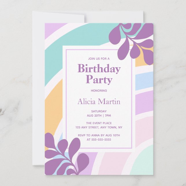 Simple Modern Pastel Rainbow Leaf Birthday Party Invitation (Front)