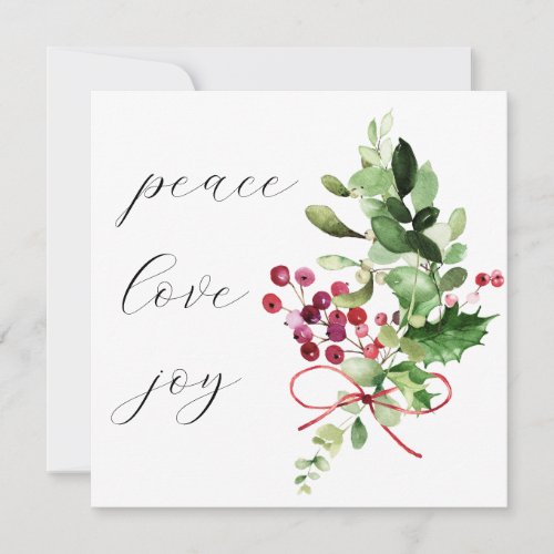 Simple Modern Peace Love Joy Holly Berry Red  Holiday Card