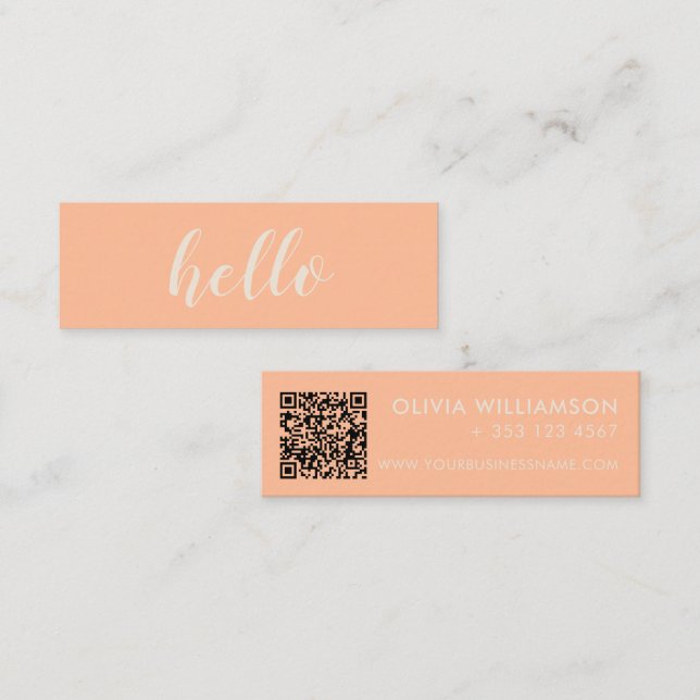 Simple Modern Peach Hello QR Code Mini Business Card (Front/Back)