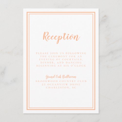 Simple Modern Peach Wedding Reception Traditional Enclosure Card