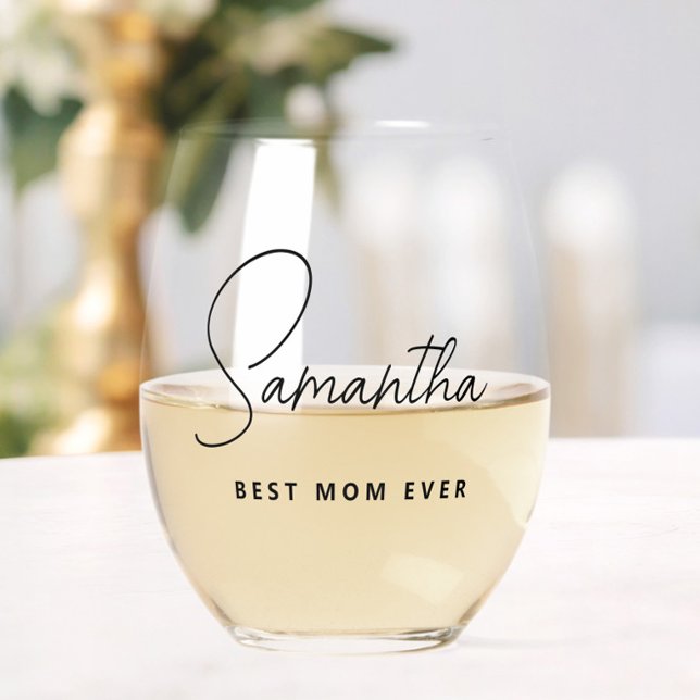 Simple Modern Personalized Best Mom Ever Stemless Wine Glass (Personalized Best Mom Ever Wine Glass, Mother's Day Gift, Mama Mother, Script, Simple Modern Chic)
