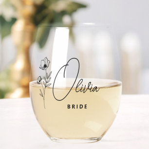 Simple Modern Personalized Bride Floral Stemless Wine Glass