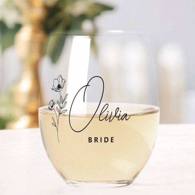 Simple Modern Personalized Bride Floral Stemless Wine Glass (Gifts for the Bride & Groom, Newlyweds, Wedding Party Gifts, Bridal Shower, Engagement, Wedding Day,)