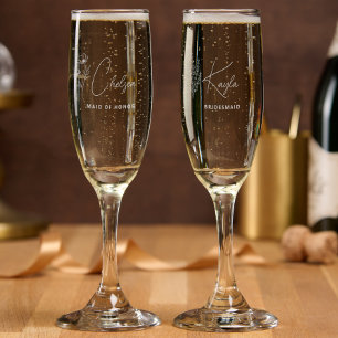 Simple Modern Personalized Bridesmaid Floral Champagne Flute