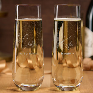 Simple Modern Personalized Bridesmaid Floral Stemless Champagne Flute