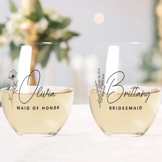 Simple Modern Personalized Bridesmaid Floral Stemless Wine Glass (wildflower floral bridesmaid wine glass with name, bridesmaid proposal, wedding bridal party gifts)