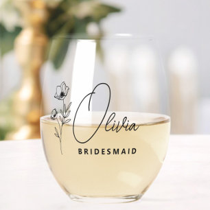 Simple Modern Personalized Bridesmaid Floral Stemless Wine Glass