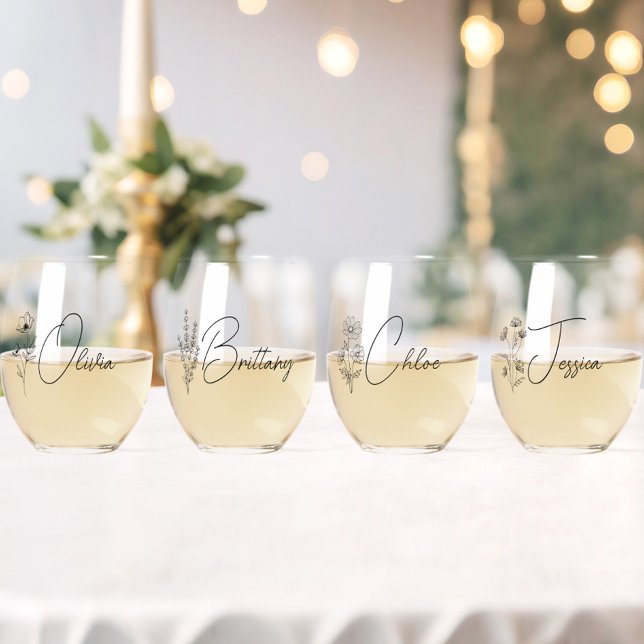 Simple Modern Personalized Bridesmaid Floral Stemless Wine Glass (maid of honor wine glass,bridesmaid wine glass with name,wildflower floral bridesmaid gifts,)