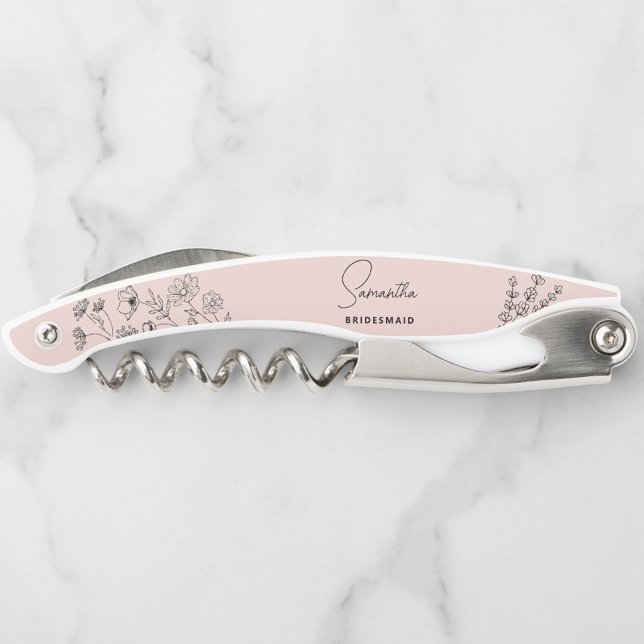 Simple Modern Personalized Bridesmaid Floral Waite Waiter's Corkscrew (Elegant Personalized Wine Corkscrew Opener, Perfect Gift for Bridesmaids, Maid of Honor, Weddings)