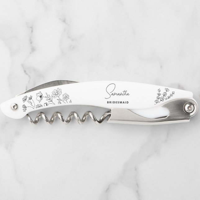 Simple Modern Personalized Bridesmaid Floral Waiter's Corkscrew (Elegant Personalized Wine Corkscrew Opener, Perfect Gift for Bridesmaids, Maid of Honor, Weddings)