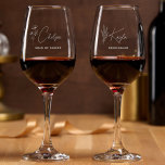 Simple Modern Personalized Bridesmaid Floral Wine Glass<br><div class="desc">Looking for a chic, trendy, yet simple gift for your Bridesmaids? These wildflower floral modern script wine glasses are a practical gift that they can use even after your wedding day! All text, including title and script names, can be changed. You can change the title to fit your wedding party!...</div>
