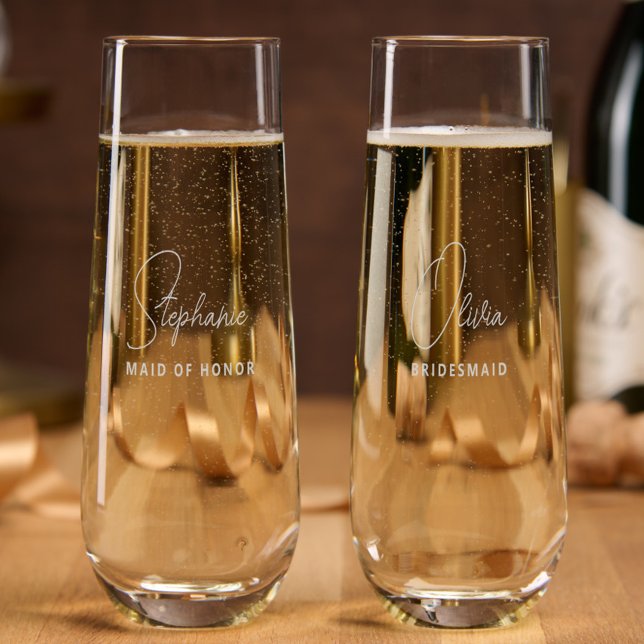 Simple Modern Personalized Bridesmaid Proposal Stemless Champagne Flute (Personalized bridesmaid etched champagne glasses with name, bridesmaid proposal, wedding party)