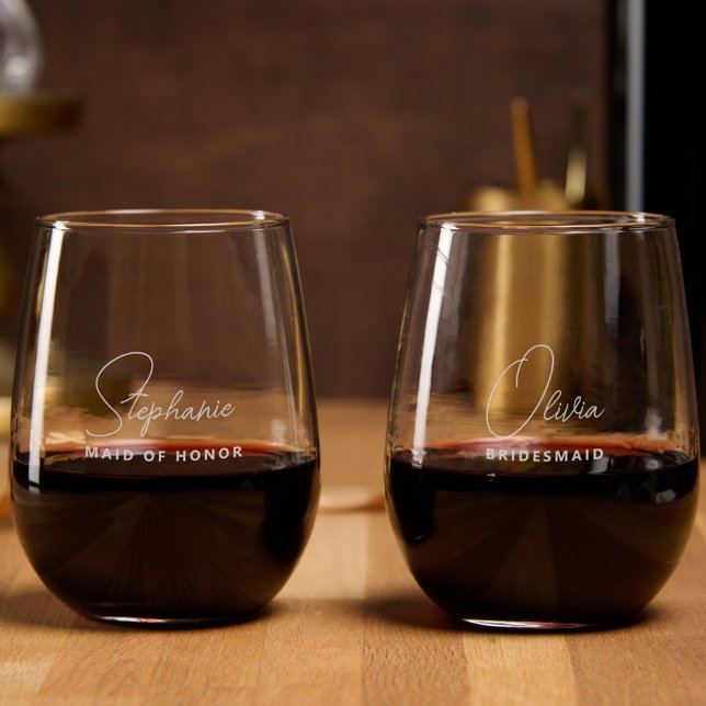 Simple Modern Personalized Bridesmaid Proposal Stemless Wine Glass (Personalized bridesmaid etched wine glasses with name, bridesmaid proposal, wedding bridal party)