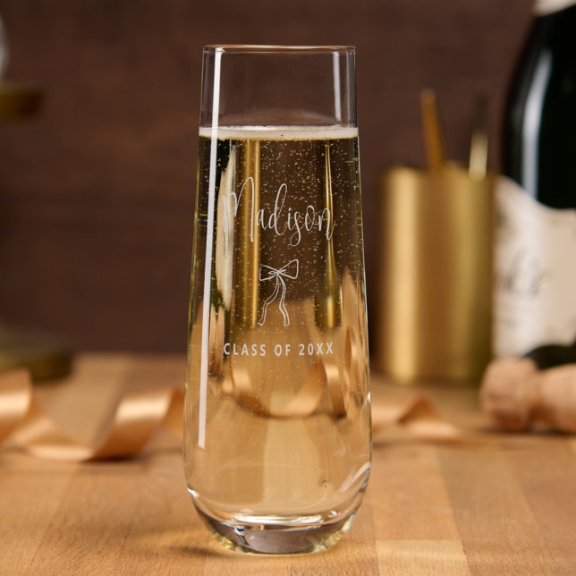 Simple Modern Personalized Class of 2025 Graduatio Stemless Champagne Flute (Simple Modern Class of 2025 Graduation Champagne Glass, Personalized with Name, Grad Gift, Bow)