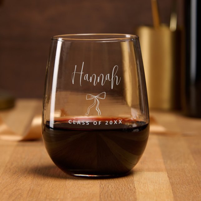 Simple Modern Personalized Class of 2025 Graduatio Stemless Wine Glass (Simple Modern Class of 2025 Graduation Wine Glass, Personalized with Name, Grad Gift, Elegant, Bow)