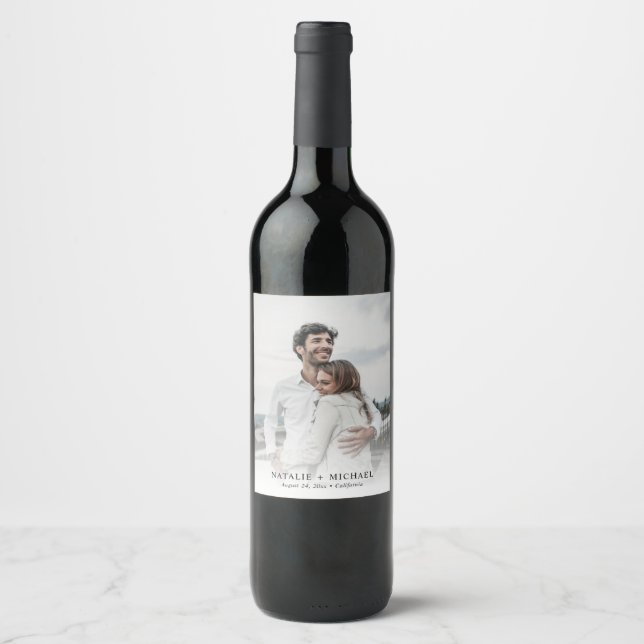 Simple Modern Personalized Elegant Photo Wedding Wine Label (Front)