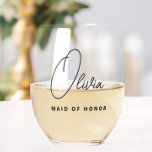 Simple Modern Personalized Maid of Honor Stemless Wine Glass<br><div class="desc">Looking for a chic, trendy, yet simple gift for your Maid of Honor and Bridesmaids? These modern script stemless wine glasses are a practical gift that they can use even after your wedding day! All text, including title and script names, can be changed. You can change the title to fit...</div>