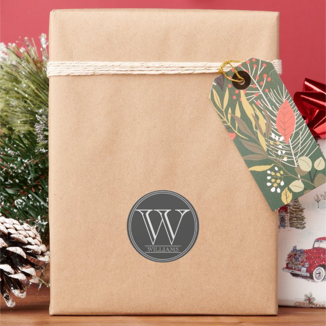 Simple Modern Personalized Monogram and Name Classic Round Sticker (Holiday)