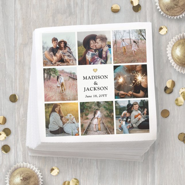 Simple Modern Photo Collage and Gold Heart Wedding Napkins (Creator Uploaded)
