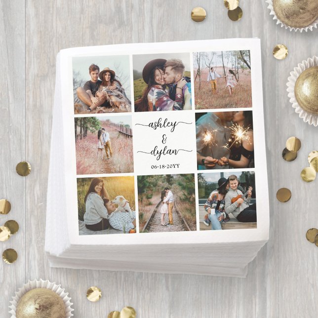 Simple Modern Photo Collage & Script Wedding Napkins (Creator Uploaded)