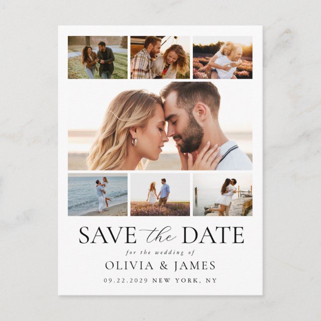 Simple Modern Photo Collage Wedding Save the Date Announcement Postcard (Front)