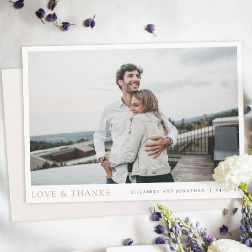 Simple Modern Photo Gold Love and Thanks Wedding Thank You Card