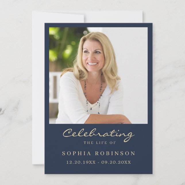 Simple Modern Photo Gold Script Blue Memorial Card (Front)