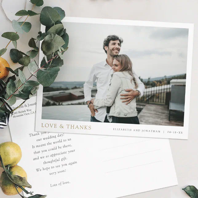 Simple Modern Photo Gold Thank You Wedding Postcard | Zazzle