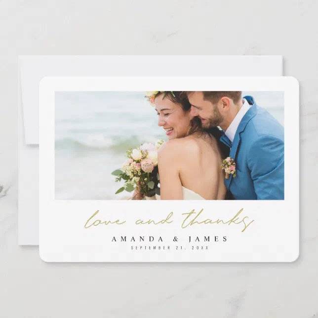 Simple Modern Photo Gold Typography Wedding Thank You Card | Zazzle